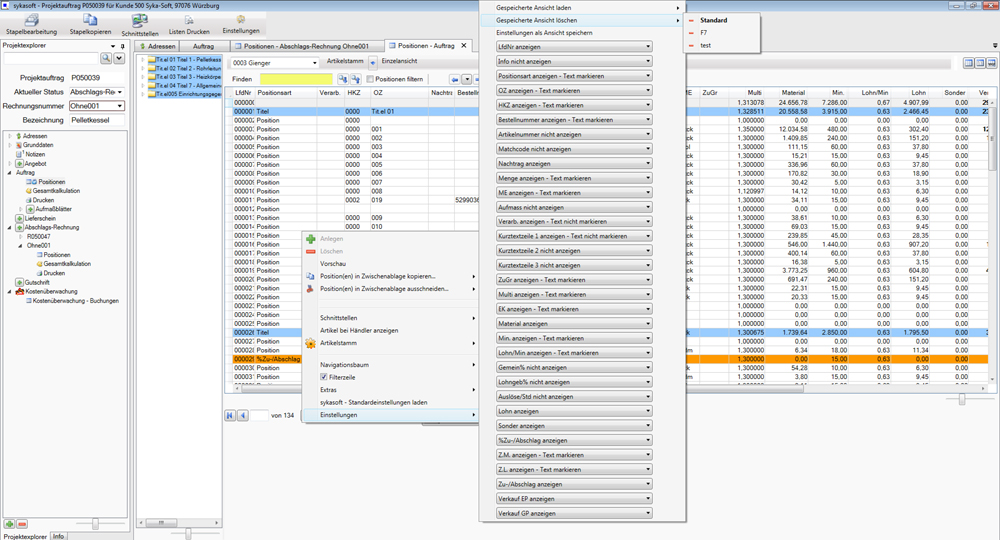 Projektauftrag Positionen Einstellungen