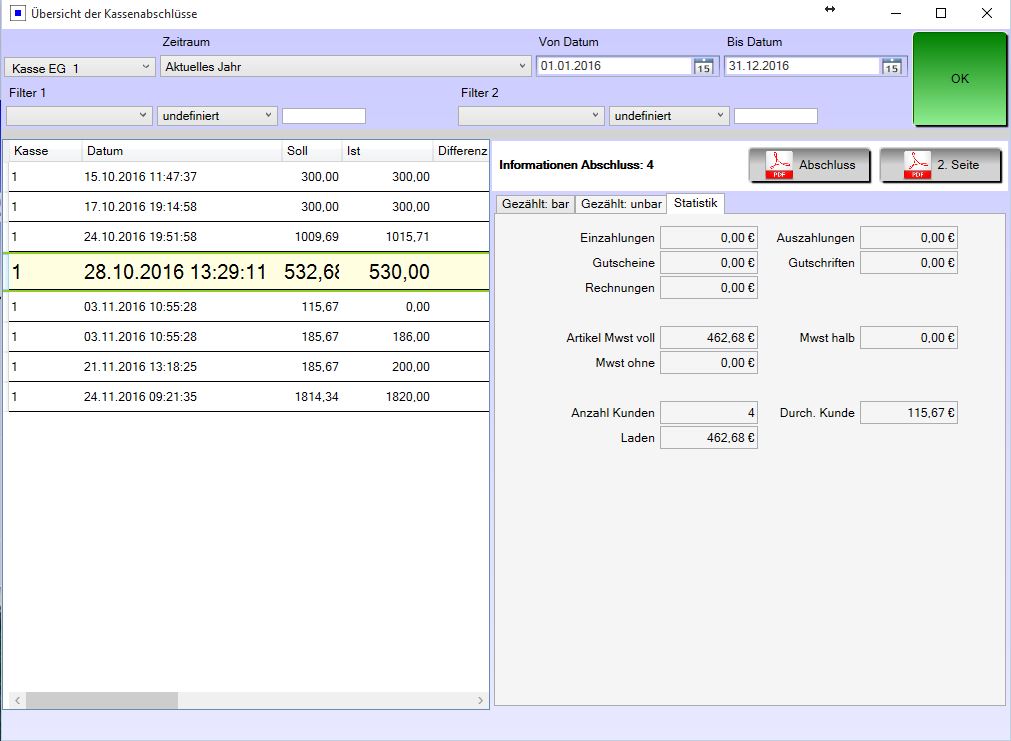 Kasse Übersicht der Abschlüsse