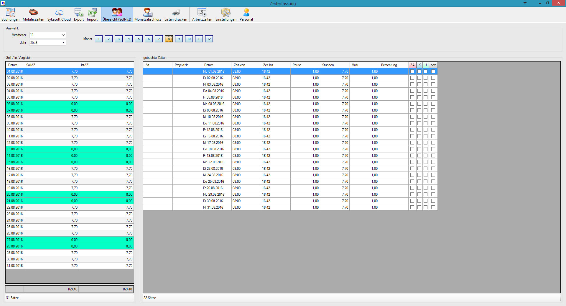 Zeiterfassung Übersicht Soll/Ist